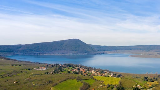 Aerial view of Lake Vico. It is a volcanic lake in the northern Lazio region, central Italy. It is one of the highest major Italian lakes and occupies the central caldera of Vico Volcano.