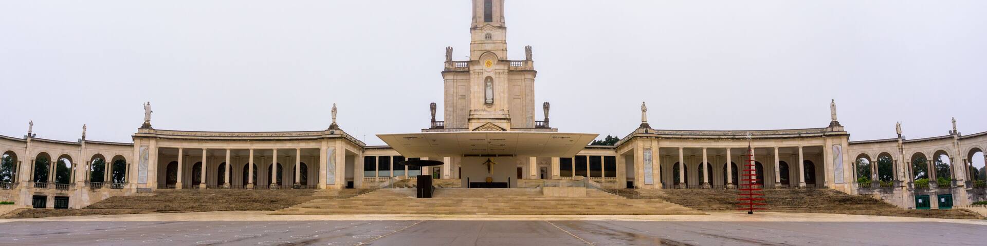 view of the sanctuary of Our Lady of Fatima in Portugal on a foggy day