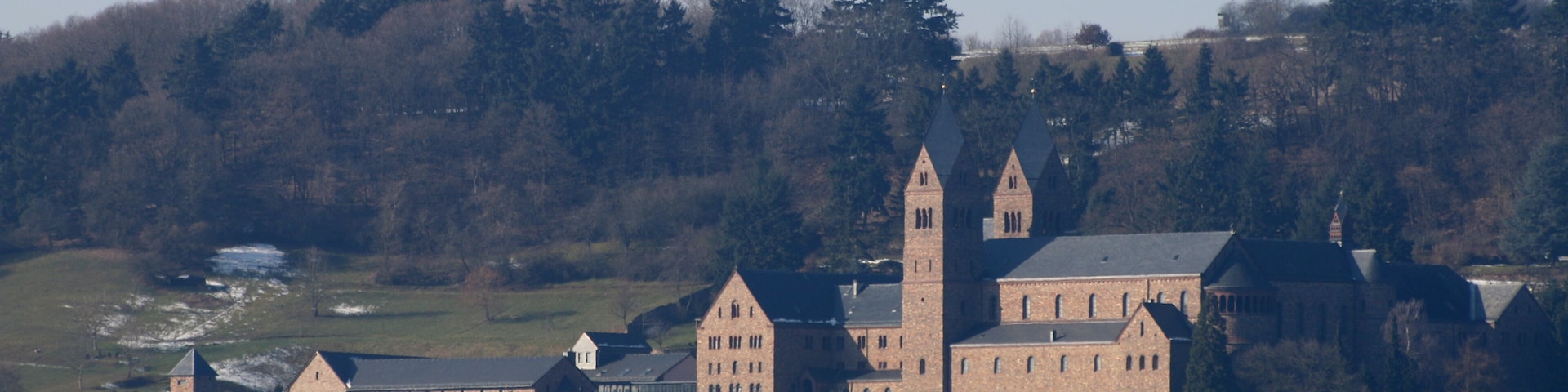 Un edificio histórico grande con una torre destacada, rodeado de viñedos y una colina boscosa al fondo.