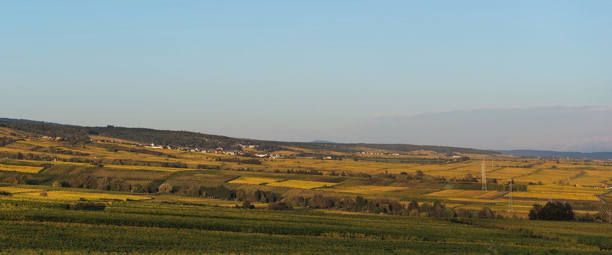 A rural landscape with terraced fields, rolling hills, and scattered houses.
