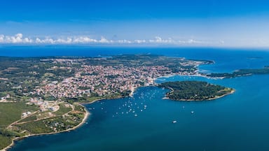 Vista aérea de un pueblo costero con un puerto deportivo, rodeado de agua y pequeñas islas.