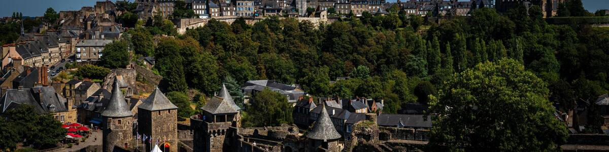 Fougères, panorama picture of the old town skyline and the castle. Fougères is a medieval town in Bretagne / Brittany France.