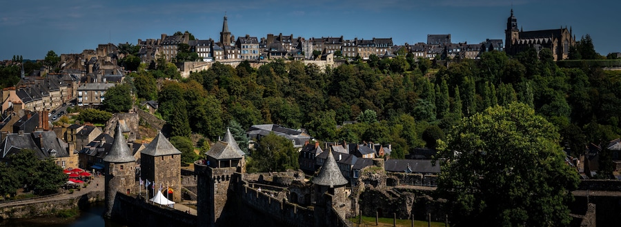 Fougères, panorama picture of the old town skyline and the castle. Fougères is a medieval town in Bretagne / Brittany France.