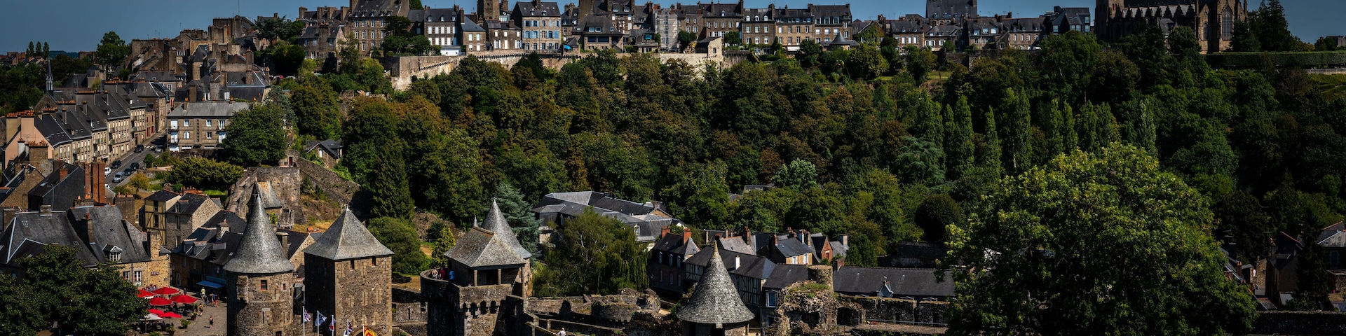 Fougères, panorama picture of the old town skyline and the castle. Fougères is a medieval town in Bretagne / Brittany France.