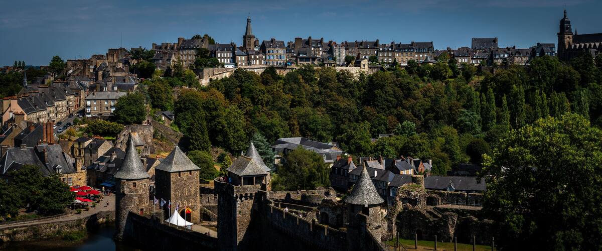 Fougères, panorama picture of the old town skyline and the castle. Fougères is a medieval town in Bretagne / Brittany France.