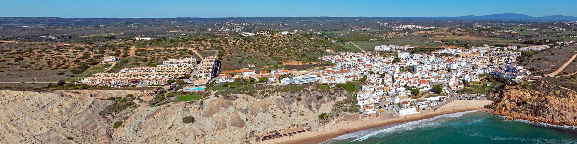 Aerial panorama from the village Burgau at the south coast in the Algarve Portugal