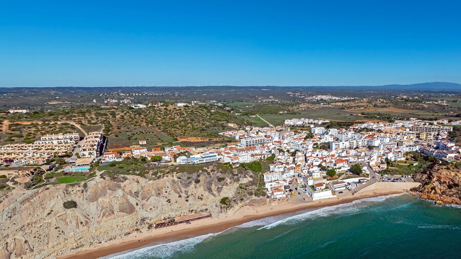 Aerial panorama from the village Burgau at the south coast in the Algarve Portugal