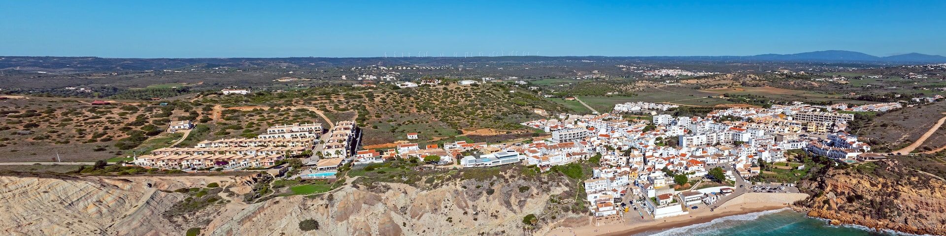 Aerial panorama from the village Burgau at the south coast in the Algarve Portugal