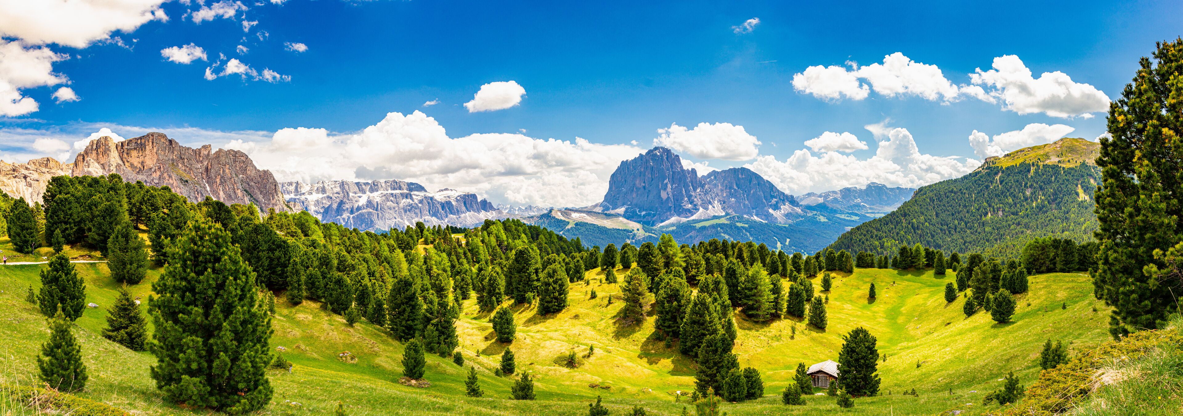 A mountainous landscape with dense forests, a prominent peak, and a clear blue sky.