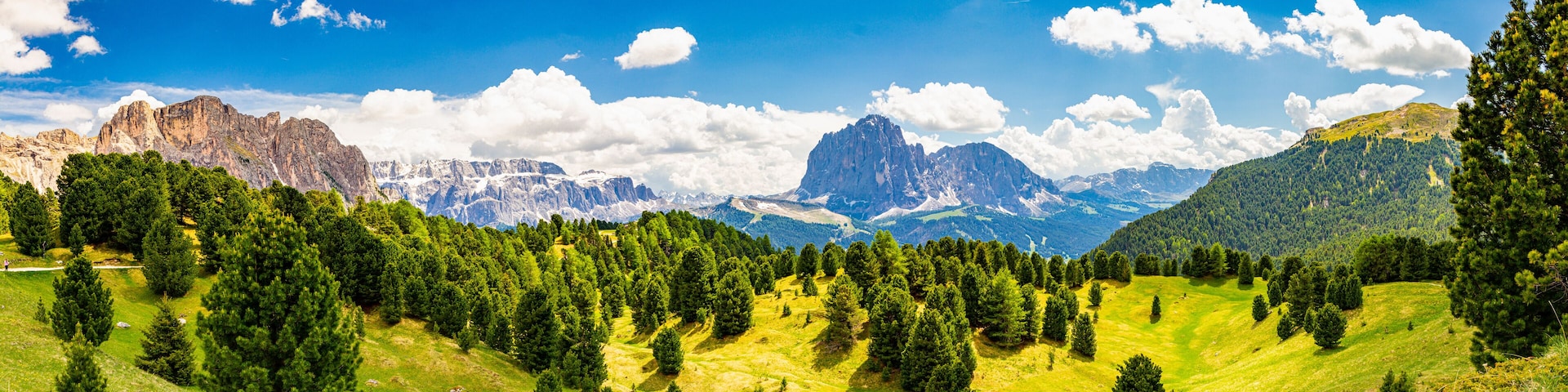 Un paisaje montañoso con bosques densos, un pico destacado y un cielo azul despejado.