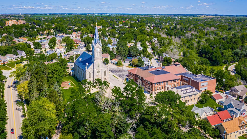 Aerial view of St Marys Church in Port Washington WI