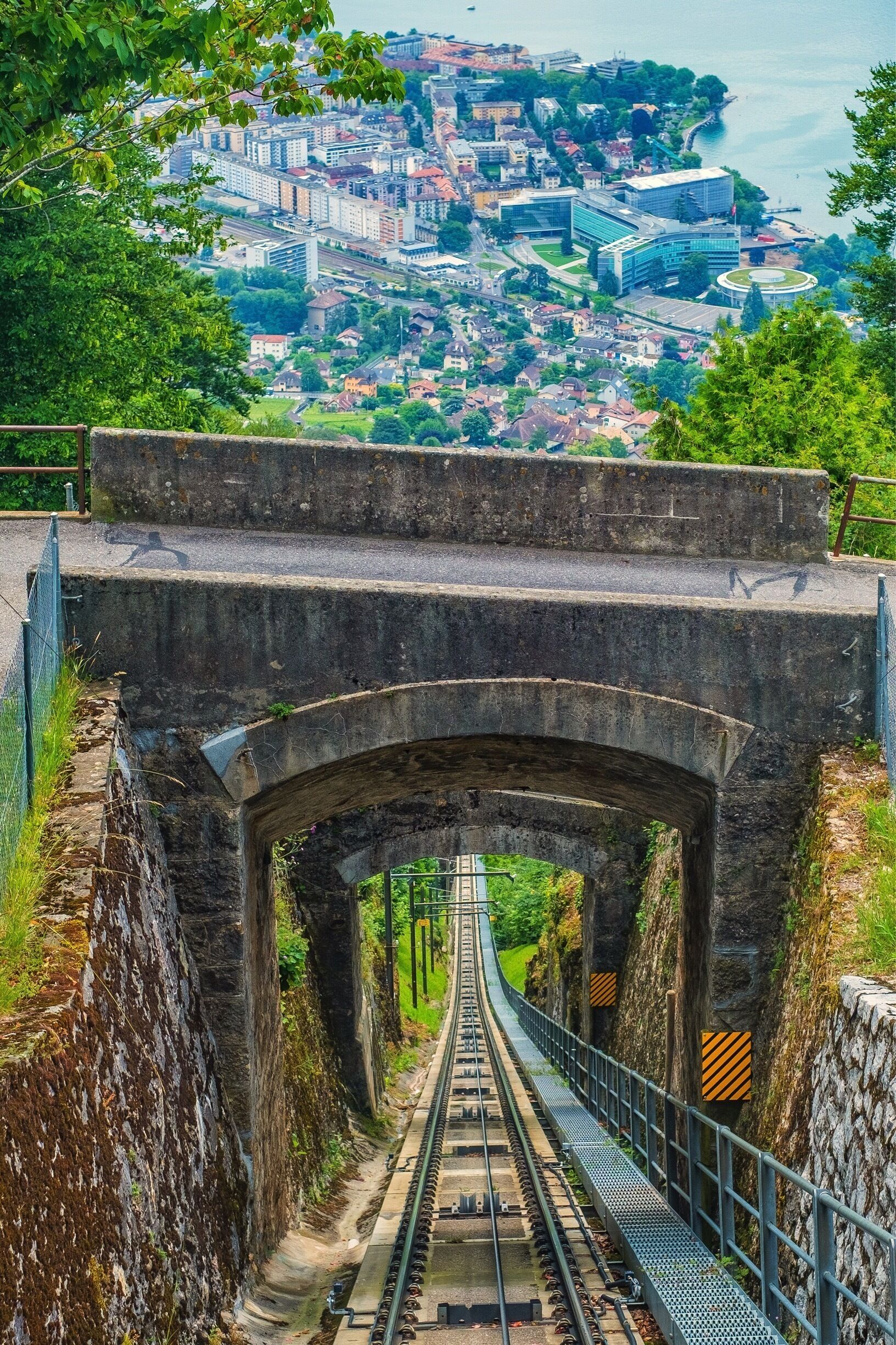 View from the top of the Mont Pèlerin funicular down towards Vevey and Lake Geneva !