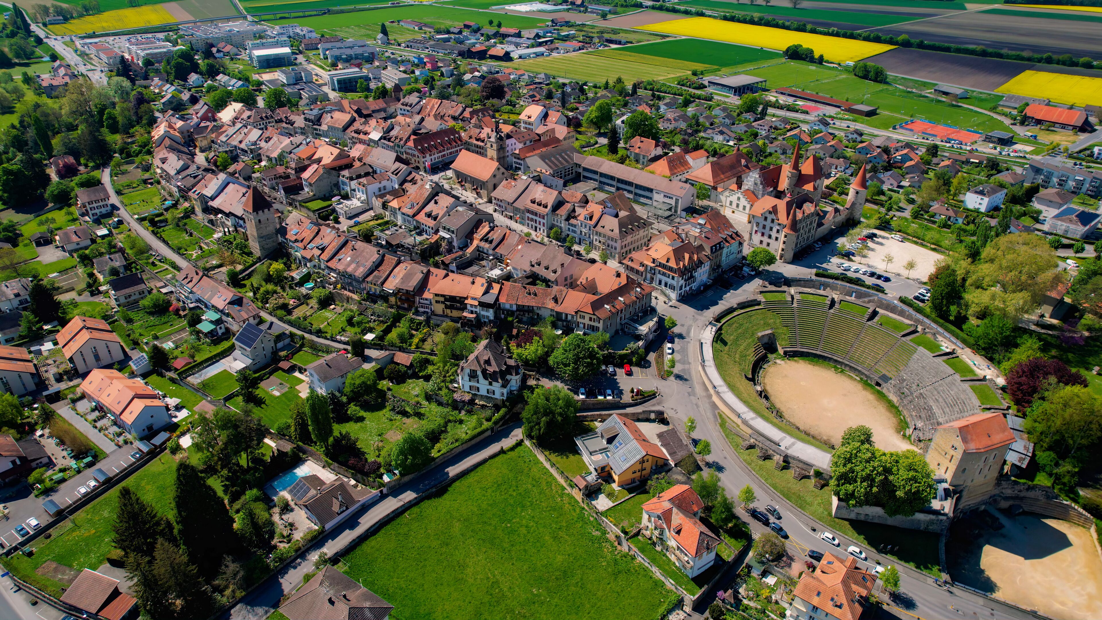 An Panoramic aerial of the old town of the city Avenches in Switzerland on a sunny day in summer