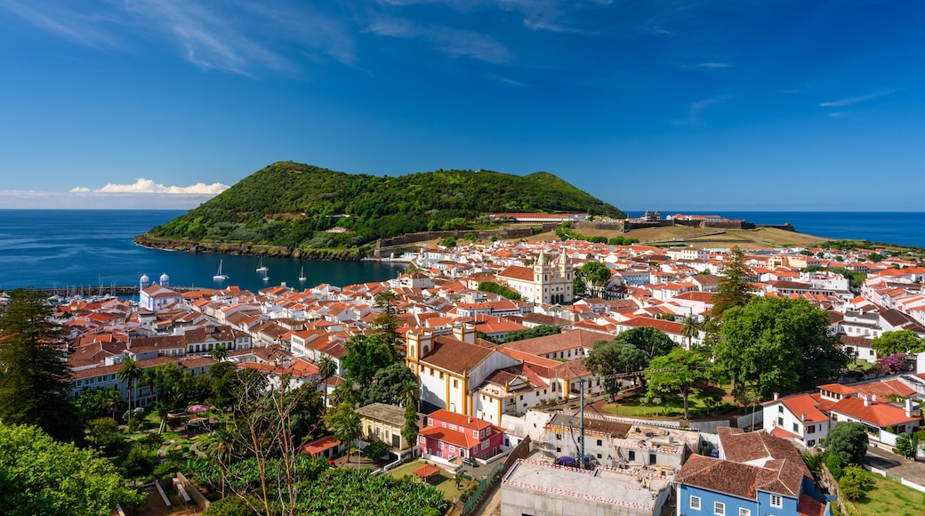 cityscape of angra do heroismo, aerial view of the city of angra do heroismo from the Miradouro da Serreta , azores portugal