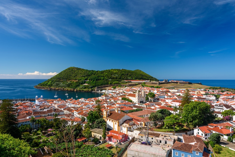 cityscape of angra do heroismo, aerial view of the city of angra do heroismo from the Miradouro da Serreta , azores portugal