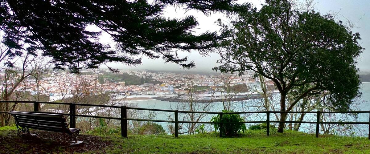 A bench overlooking a coastal cityscape with a view of the sea and a distant island.