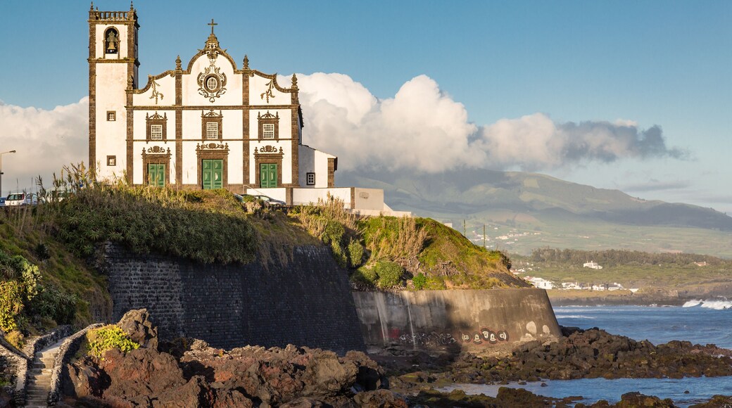 Church on the seafront town of Sao Rogue on Sao Miguel Island. Sao Miguel is part of the Azores archipelago in the Atlantic Ocean.; Shutterstock ID 663492832; Purchase Order: -