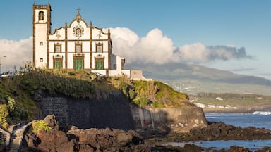 Church on the seafront town of Sao Rogue on Sao Miguel Island. Sao Miguel is part of the Azores archipelago in the Atlantic Ocean.; Shutterstock ID 663492832; Purchase Order: -