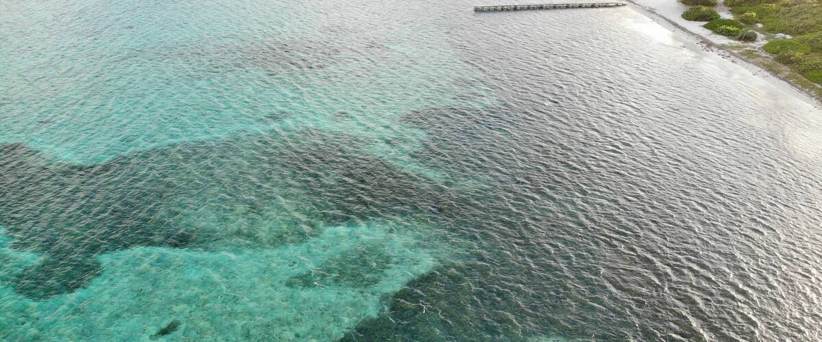 A coastal area with clear turquoise waters, a wooden pier, and a small settlement with structures near the shore.