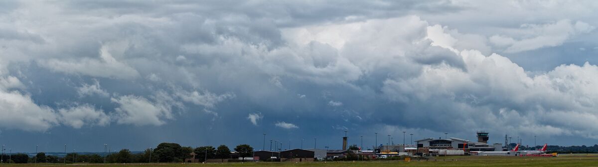 Photostitch of Leeds & Bradford Airport with stormy skies