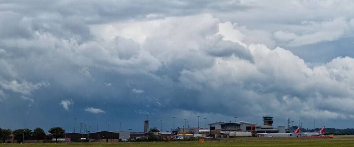 Photostitch of Leeds & Bradford Airport with stormy skies