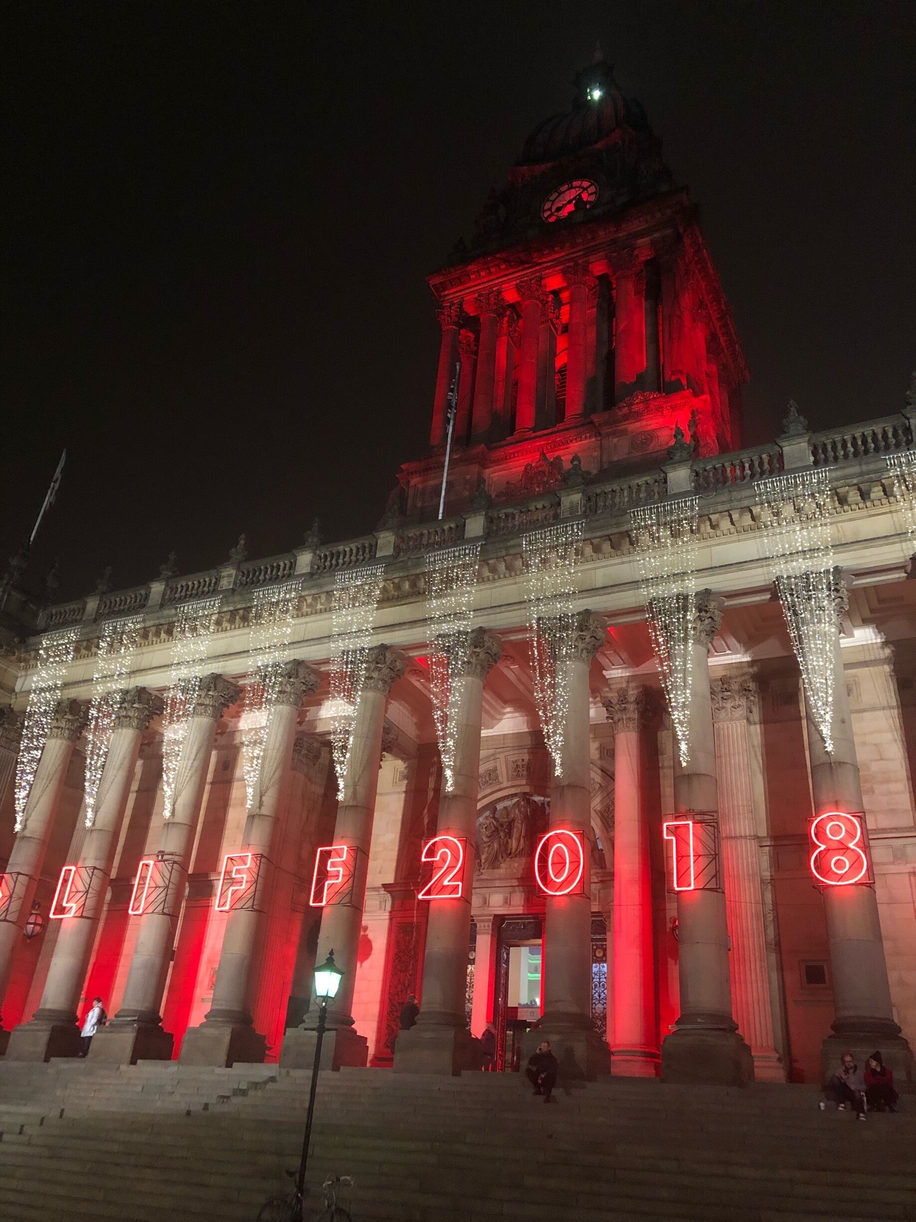 Leeds Town Hall is lit up for the city’s International Film Festival. #liff #film #leeds