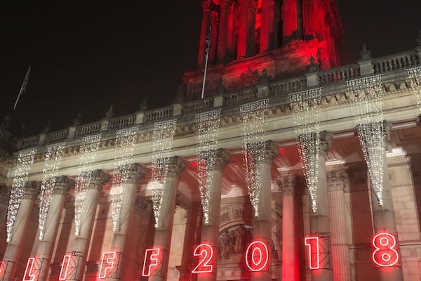 Leeds Town Hall is lit up for the city’s International Film Festival. #liff #film #leeds