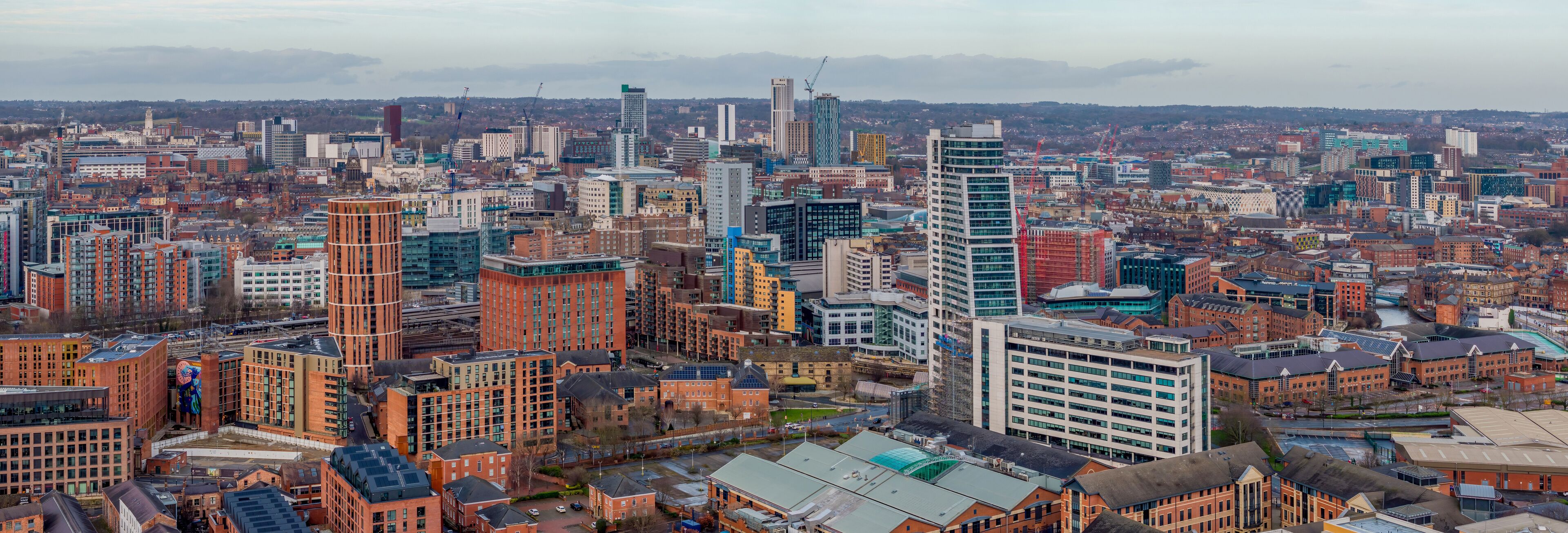 Leeds aerial view of the city centre. West Yorkshire city view of the train station and offices