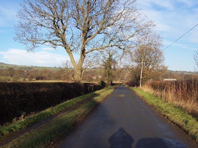 A narrow rural road flanked by trees and hedgerows, leading towards a distant village.