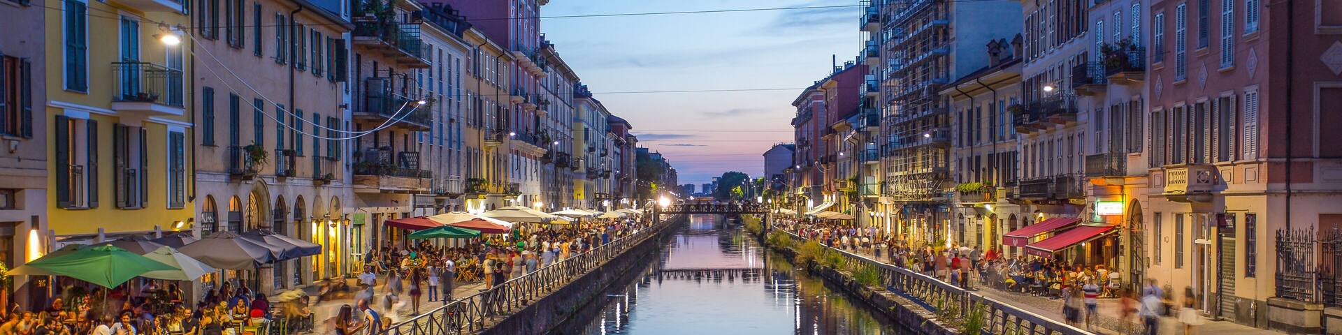 Naviglio Grande canal in the evening, Milan, Italy