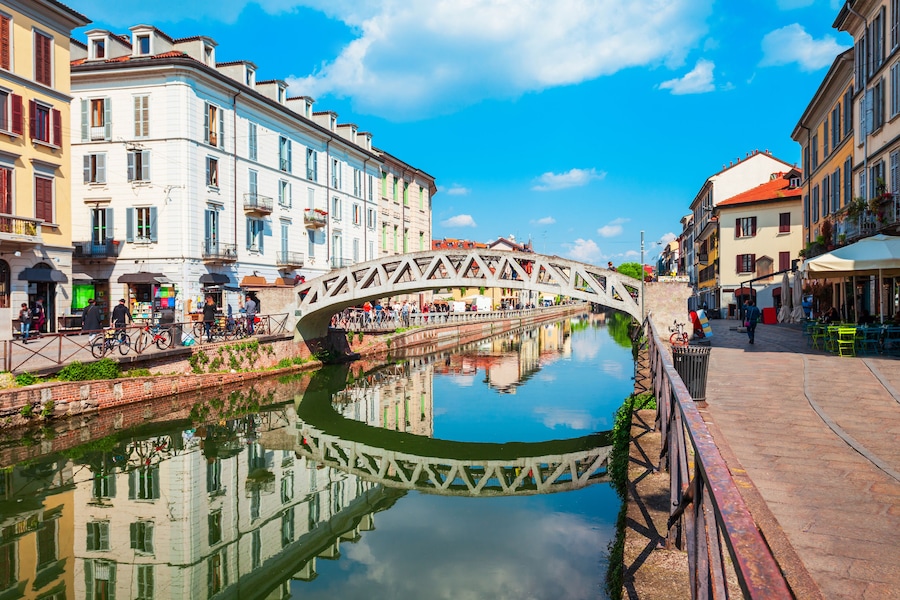 The Naviglio Grande canal in Milan city in Lombardy region of northern Italy, Shutterstock ID 1414601327, Purchase Order: SP-1962, Order Number: SP-1962 HP Nhoods Hotels.com Images research, Client/Li