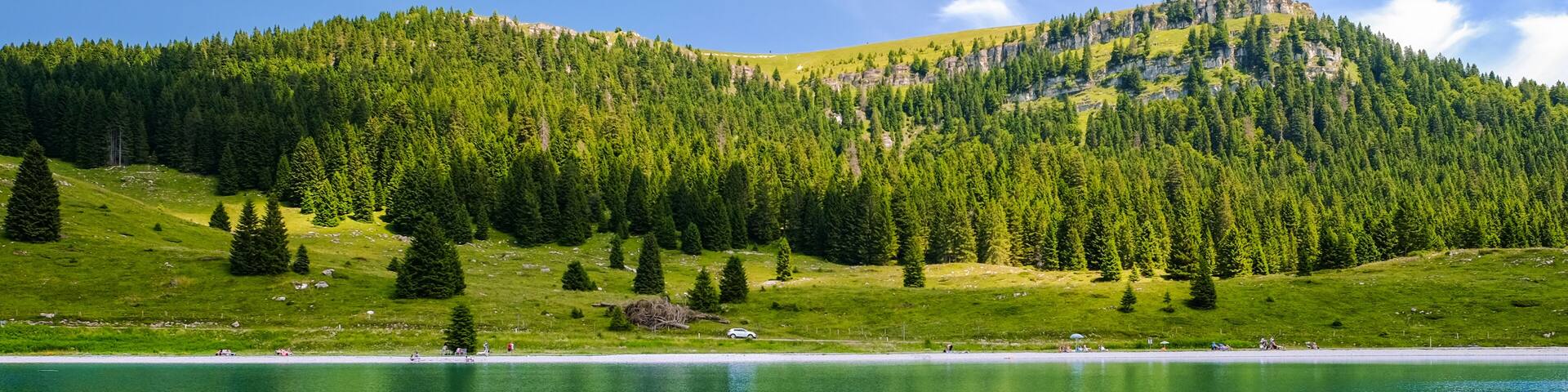 Panorama, landscape of a turquoise lake in Italy. Passo Coe Lake, Folgaria, Trento, Trentino, Italy - August 2018