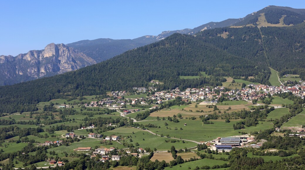 Panoramic view of the FOLGARIA Village in Northern Italy in Trentino Region and mountains called ALPE CIMBRA with trees