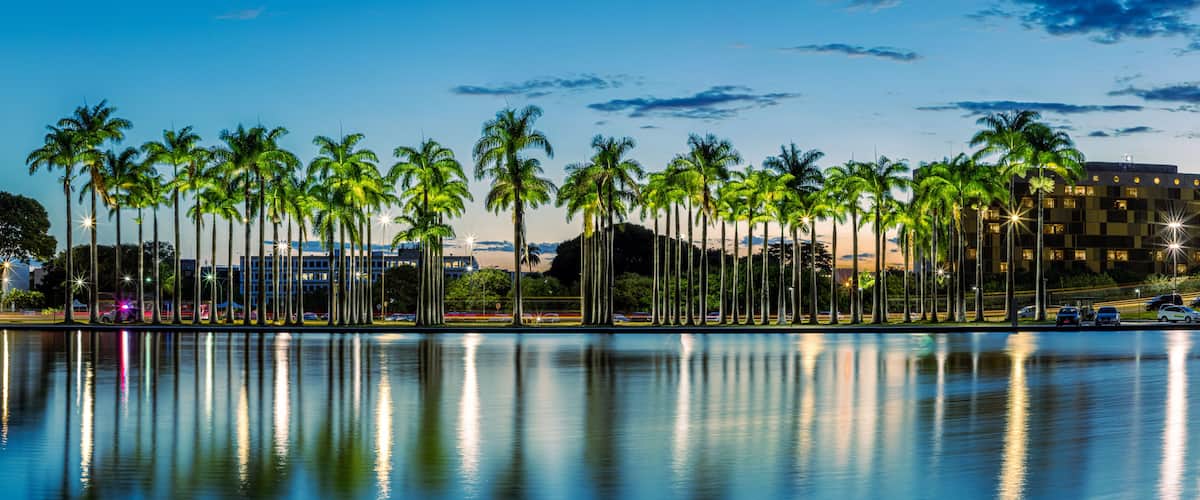 A calm water body reflecting palm trees and a building with illuminated windows.