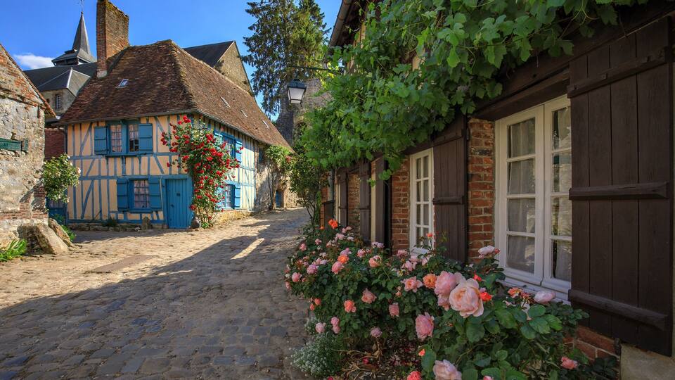 A cobblestone street lined with traditional half-timbered houses, a church steeple, and blooming roses.