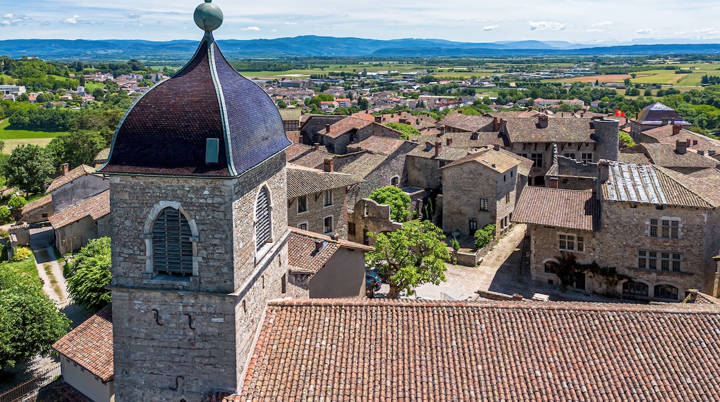Aerial view of the Church-Fortress of Saint Mary Magdalene of Pérouges in the French department of Ain near Lyon in the Auvergne-Rhône-Alpes region, France