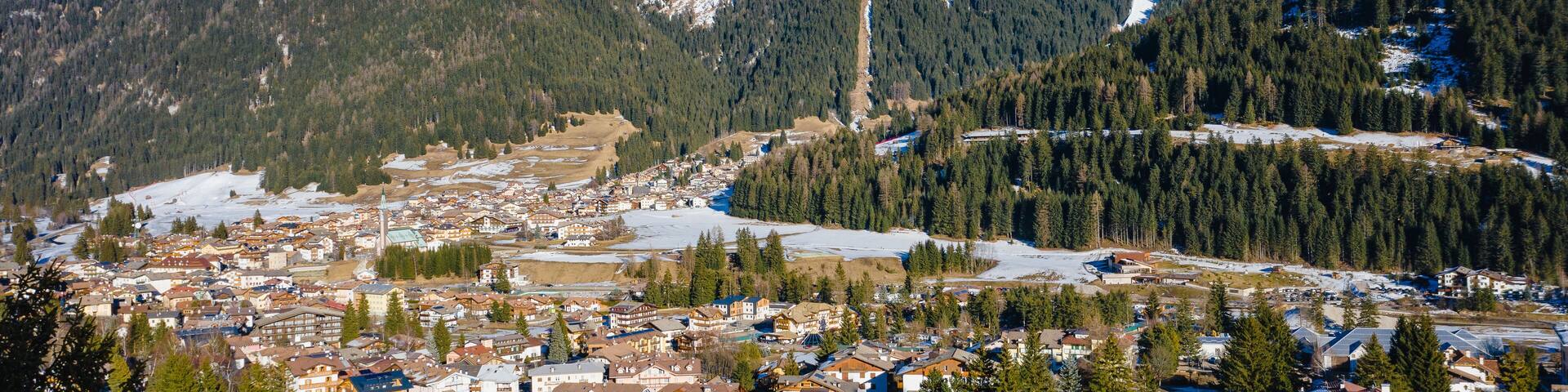 Winter landscape of Pozza di Fassa, a commune in Trentino at the northern Italia. Val di Fassa, Dolomiti