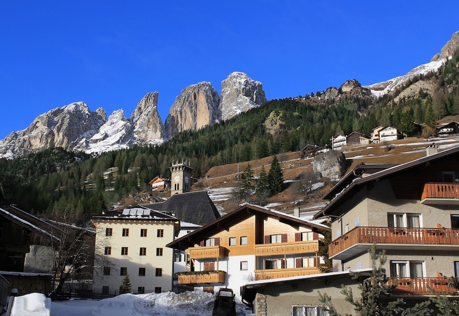 Campitello di Fassa, Val di Fassa, Dolomite, Alps, Italy. Street of ski resort Campitello in Italy