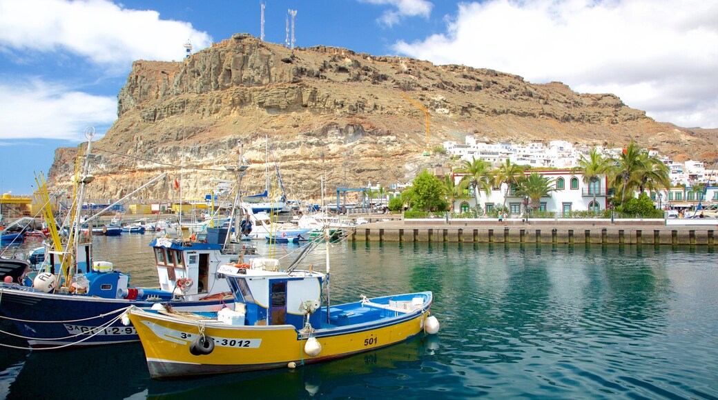 Mogan som omfatter en bugt eller havn, bådsejlads og en kystby