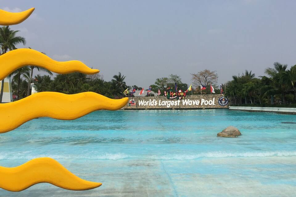 A wave pool with a sign stating "World's Largest Wave Pool."