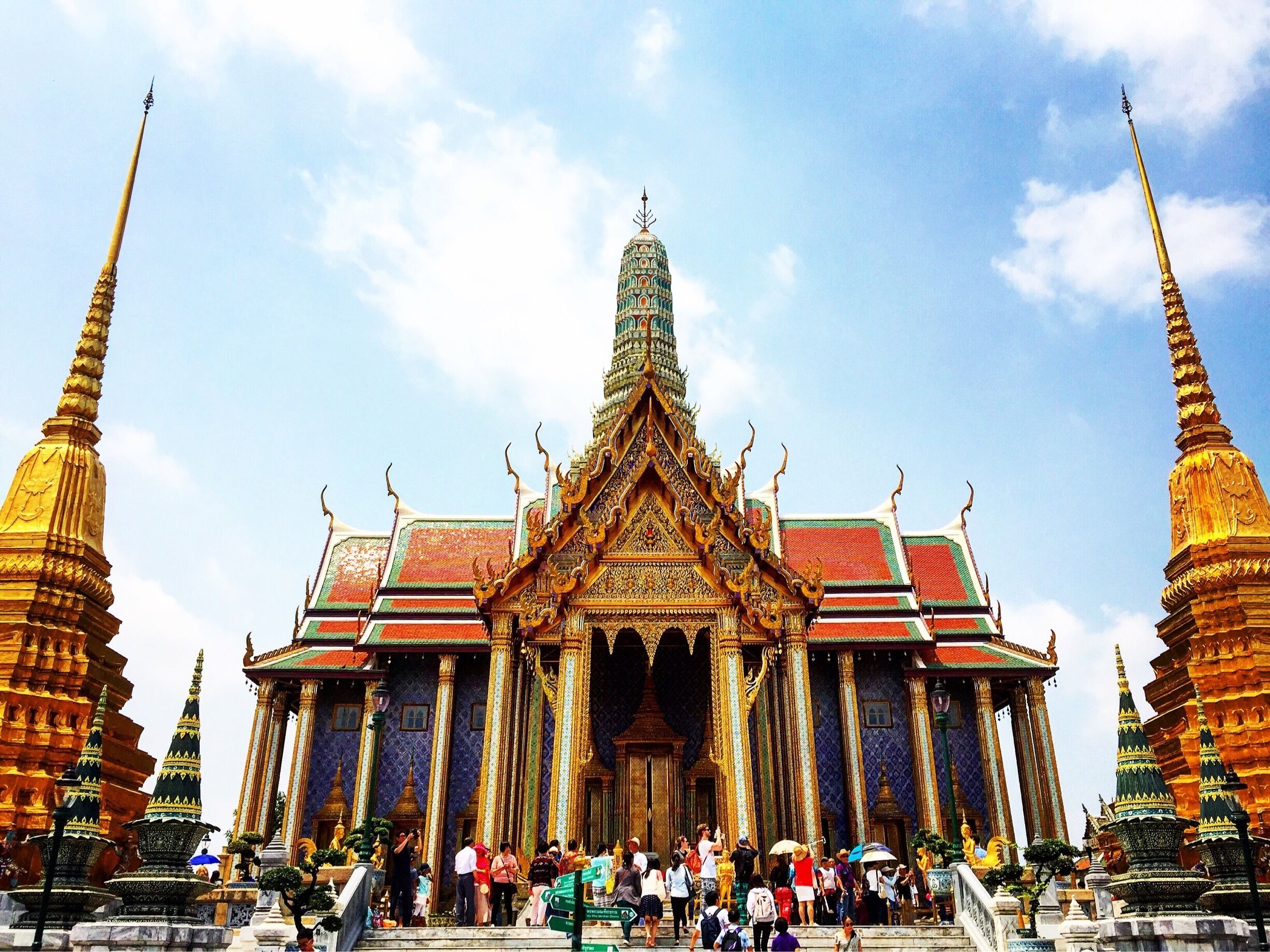 The Grand Palace is a must-see while in Bangkok. Be sure to bring clothes that cover your shoulders and legs, and about 500 baht for the ticket, but you'll see amazing architecture and intricate murals. Although the king doesn't technically reside here anymore, it is still used for official ceremonies. 