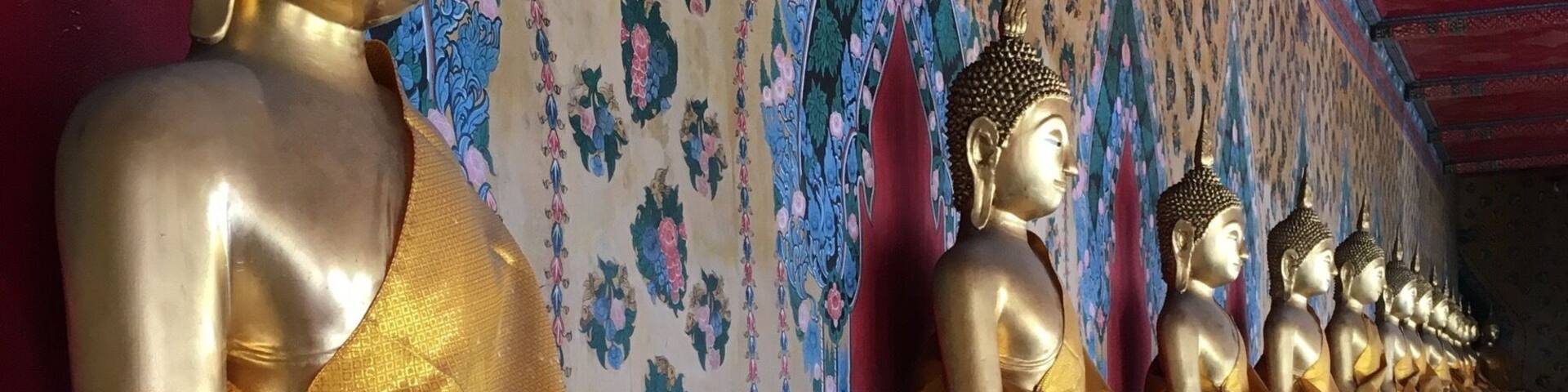 A row of golden Buddha statues seated in meditation.