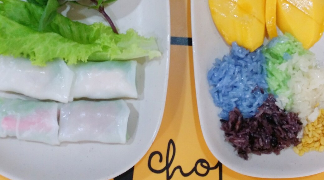 Mango sticky rice (with different colored rice) and fresh spring roll sampler at Food Choices