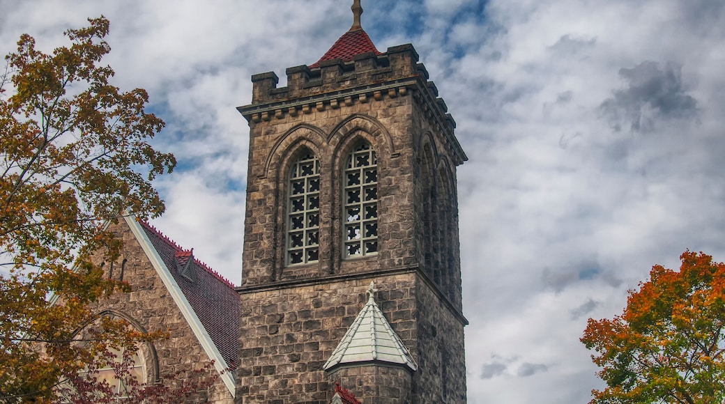 The landmark Christ Episcopal church in autumn in Corning New York