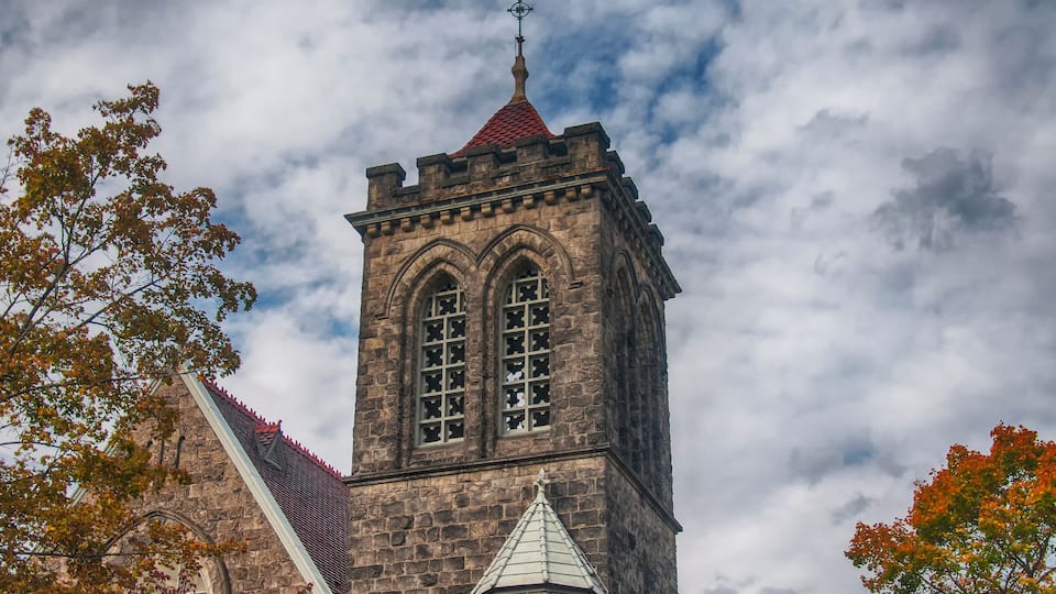 The landmark Christ Episcopal church in autumn in Corning New York