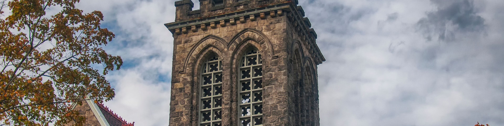 The landmark Christ Episcopal church in autumn in Corning New York