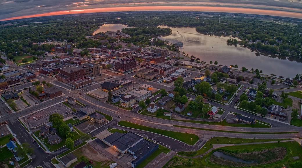 Aerial View of Downtown Albert Lea, Minnesota at Dusk in Summer