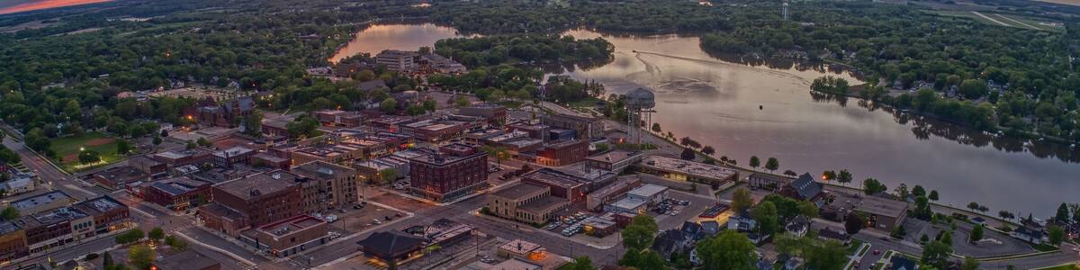 Aerial View of Downtown Albert Lea, Minnesota at Dusk in Summer