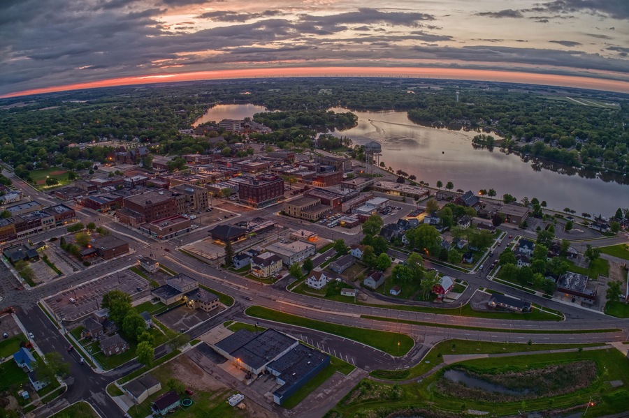 Aerial View of Downtown Albert Lea, Minnesota at Dusk in Summer