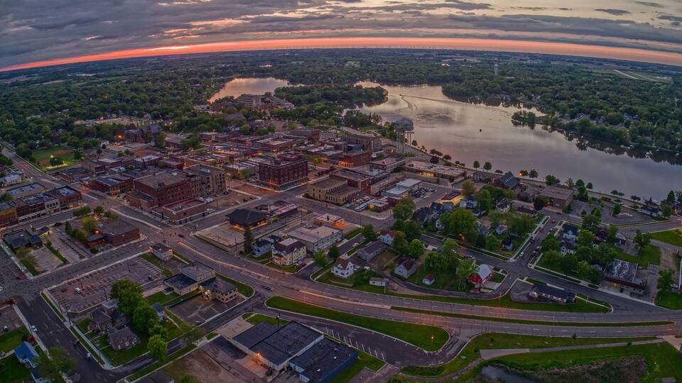 Aerial View of Downtown Albert Lea, Minnesota at Dusk in Summer